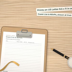 Guest List & RSVPs page on a clipboard at true size