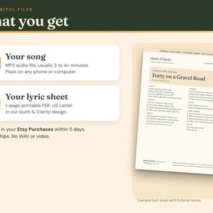 What you get: an MP3 song file, usually 3 to 4+ minutes, and a one-page printable lyric sheet PDF, example with fictional names