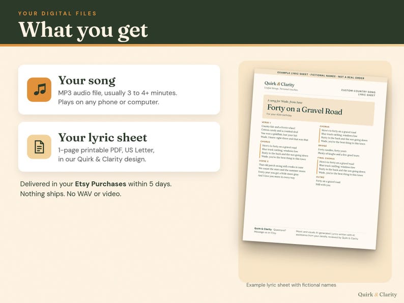 What you get: an MP3 song file, usually 3 to 4+ minutes, and a one-page printable lyric sheet PDF, example with fictional names
