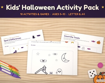 May include: Kids' Halloween Activity Pack with 10 activities and games for ages 5-10. Includes printable sheets for Letter and A4 sizes featuring Spot 6 Differences, Count the Treats, and a pumpkin patch colouring page with Halloween icons.