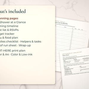 List of 9 baby shower planning pages beside the budget and guest list pages