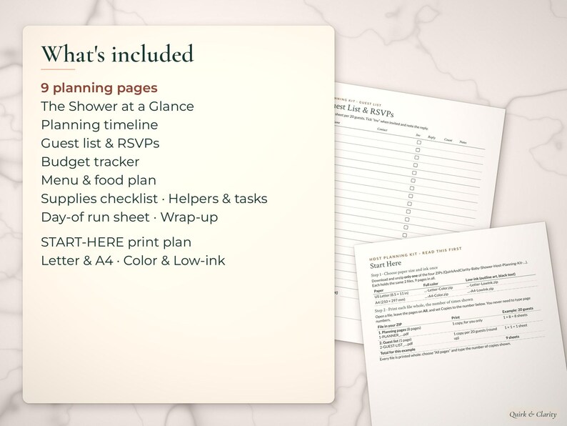 List of 9 baby shower planning pages beside the budget and guest list pages