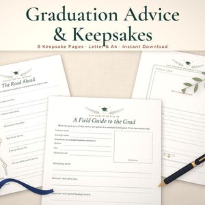 Graduation keepsake printables mockup: The Road Ahead, A Field Guide to the Grad, Photo or drawing of the grad pages fanned on a styled tabletop