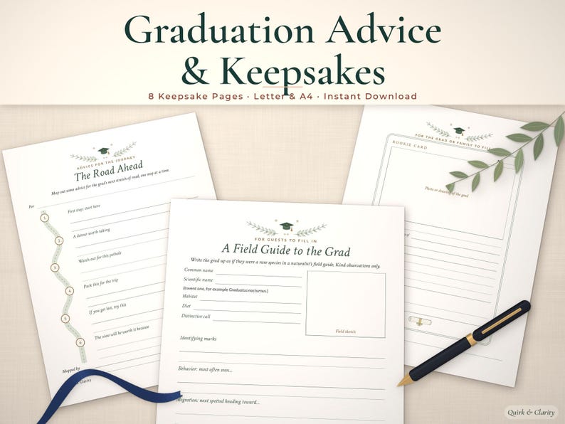 Graduation keepsake printables mockup: The Road Ahead, A Field Guide to the Grad, Photo or drawing of the grad pages fanned on a styled tabletop