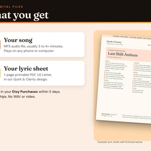 What you get: an MP3 song file, usually 3 to 4+ minutes, and a one-page printable lyric sheet PDF, example with fictional names