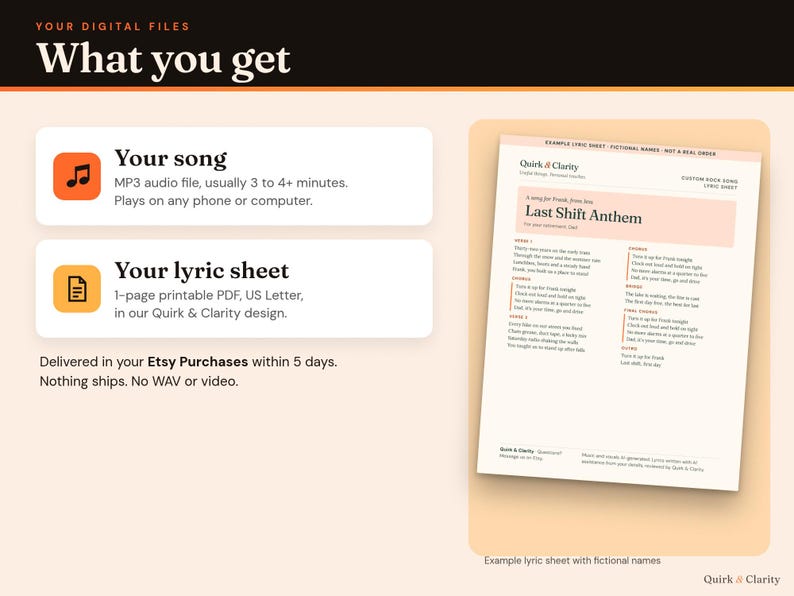 What you get: an MP3 song file, usually 3 to 4+ minutes, and a one-page printable lyric sheet PDF, example with fictional names