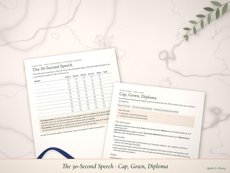 The 30-Second Speech and Cap, Gown, Diploma pages