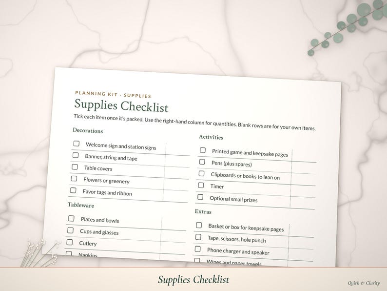Close-up of the Supplies Checklist page