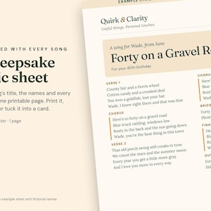 Close-up of an example Quirk & Clarity lyric sheet with fictional names