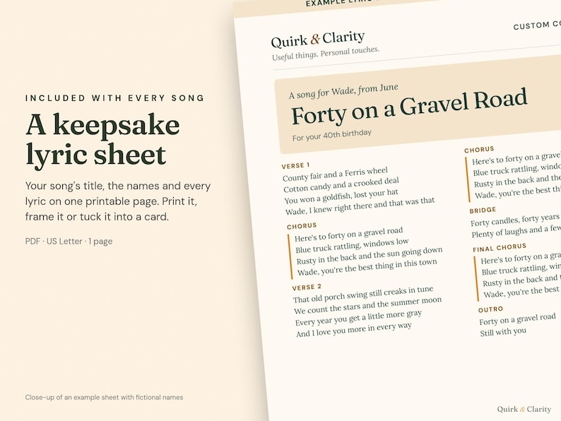 Close-up of an example Quirk & Clarity lyric sheet with fictional names