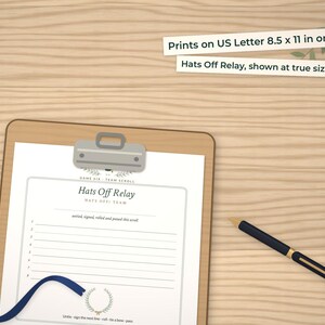 Hats Off Relay page on a clipboard at true size