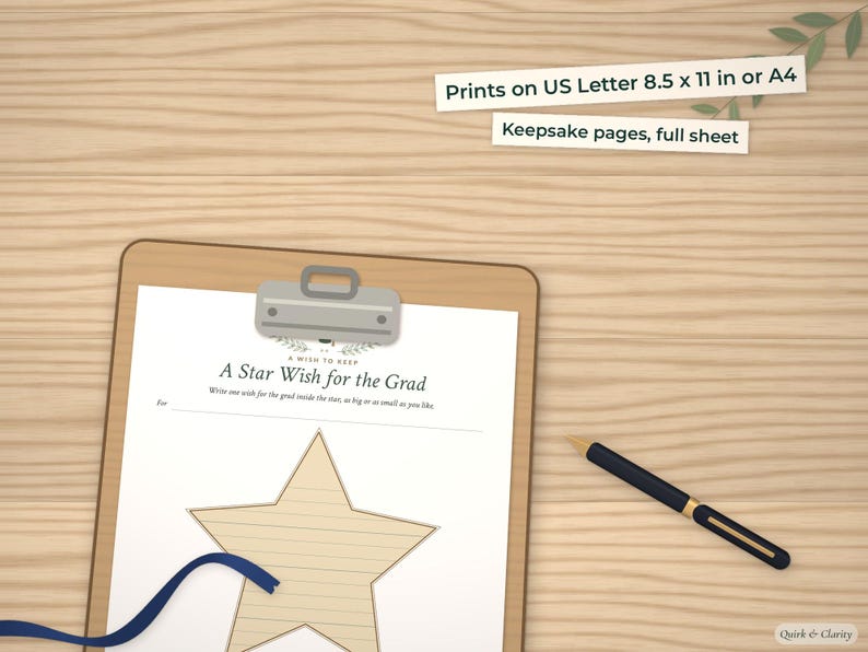 Star Wish keepsake page on a clipboard at true size
