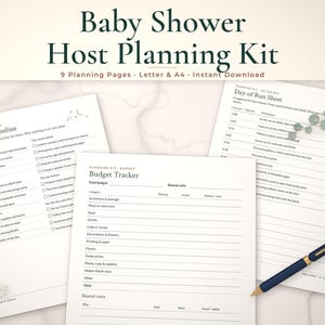 Baby shower host planner mockup: Planning Timeline, Budget Tracker, Day-of Run Sheet pages fanned on a styled tabletop