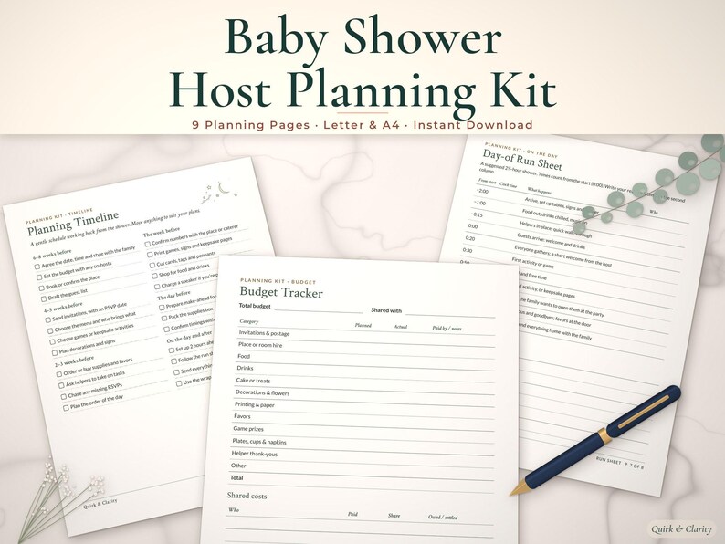Baby shower host planner mockup: Planning Timeline, Budget Tracker, Day-of Run Sheet pages fanned on a styled tabletop
