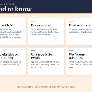 Good to know: AI-made music and vocals, personal use, first names only, one free lyric tweak