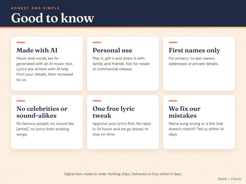 Good to know: AI-made music and vocals, personal use, first names only, one free lyric tweak