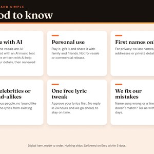 Good to know: AI-made music and vocals, personal use, first names only, one free lyric tweak