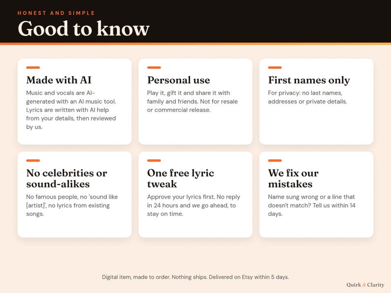 Good to know: AI-made music and vocals, personal use, first names only, one free lyric tweak