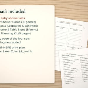 List of the 4 baby shower sets in the bundle