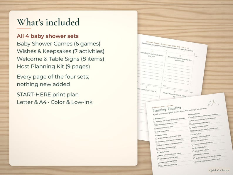 List of the 4 baby shower sets in the bundle