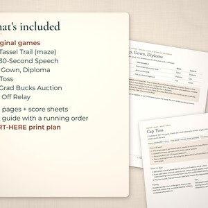 List of 6 graduation party games beside angled game pages
