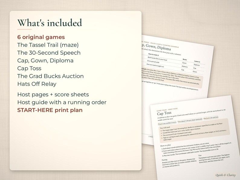 List of 6 graduation party games beside angled game pages