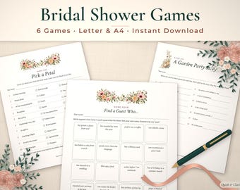 Peut inclure: Trois feuilles de papier blanc présentant des jeux de fête prénuptiale avec des illustrations florales. Le texte inclut des titres comme Pick a Petal, Find a Guest Who et A Garden Party Story. Un stylo vert foncé et doré repose sur les papiers.