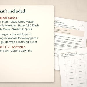 What's included card listing 6 baby shower games beside angled game pages