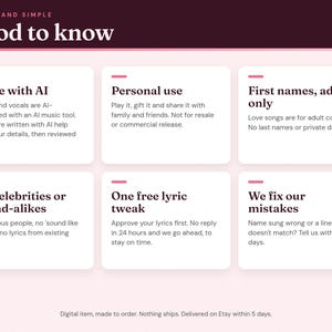 Good to know: AI-made music and vocals, personal use, first names only, one free lyric tweak