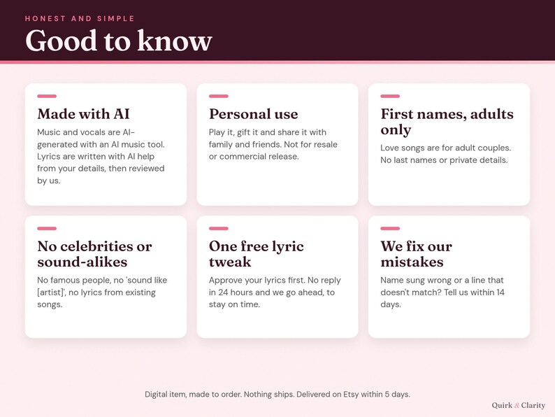 Good to know: AI-made music and vocals, personal use, first names only, one free lyric tweak