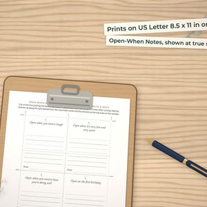 Open-When Notes page on a clipboard at true size