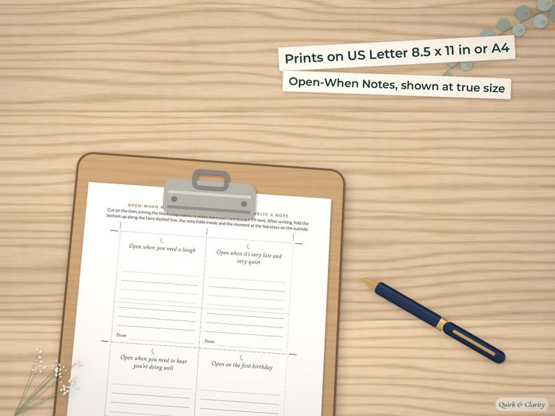 Open-When Notes page on a clipboard at true size