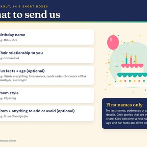 What to send: the five personalization boxes with example answers using fictional names