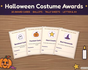 May include: A set of four Halloween Costume Award cards featuring illustrations of a ghost, pumpkin, star, and witch hat. The cards include text for Spookiest, Funniest, Most Creative, and Best Homemade categories with lines for names and dates.
