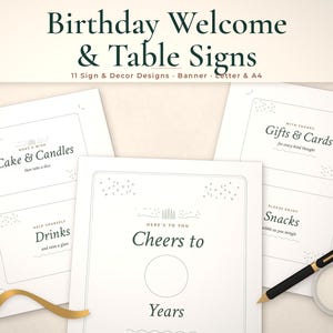 Birthday party sign printables mockup: Cake & Candles, Cheers to Years, Gifts & Cards pages fanned on a styled tabletop