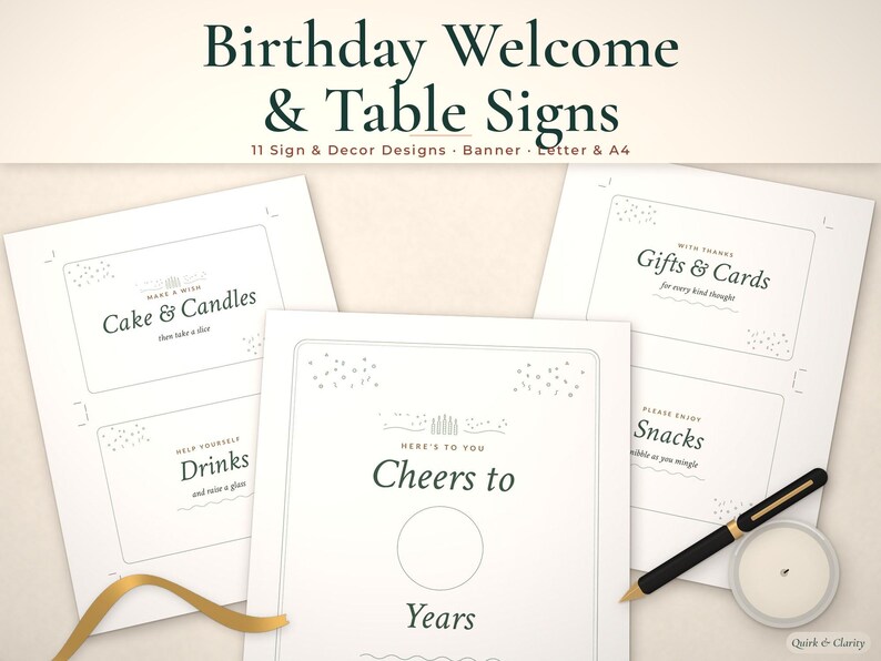 Birthday party sign printables mockup: Cake & Candles, Cheers to Years, Gifts & Cards pages fanned on a styled tabletop