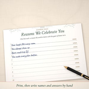 Reasons We Celebrate You page partly handwritten