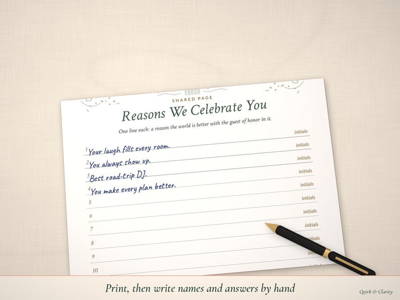 Reasons We Celebrate You page partly handwritten