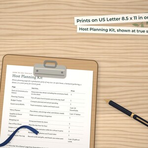 Host Planning Kit page on a clipboard at true size