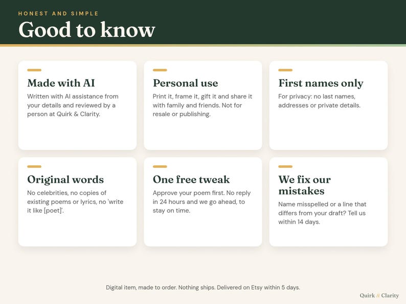 Good to know: written with AI assistance and reviewed by a person, personal use, first names only, one free tweak