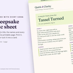 Close-up of an example Quirk & Clarity lyric sheet with fictional names