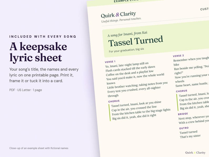 Close-up of an example Quirk & Clarity lyric sheet with fictional names