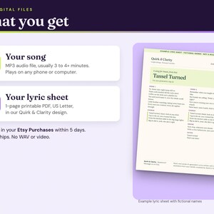 What you get: an MP3 song file, usually 3 to 4+ minutes, and a one-page printable lyric sheet PDF, example with fictional names