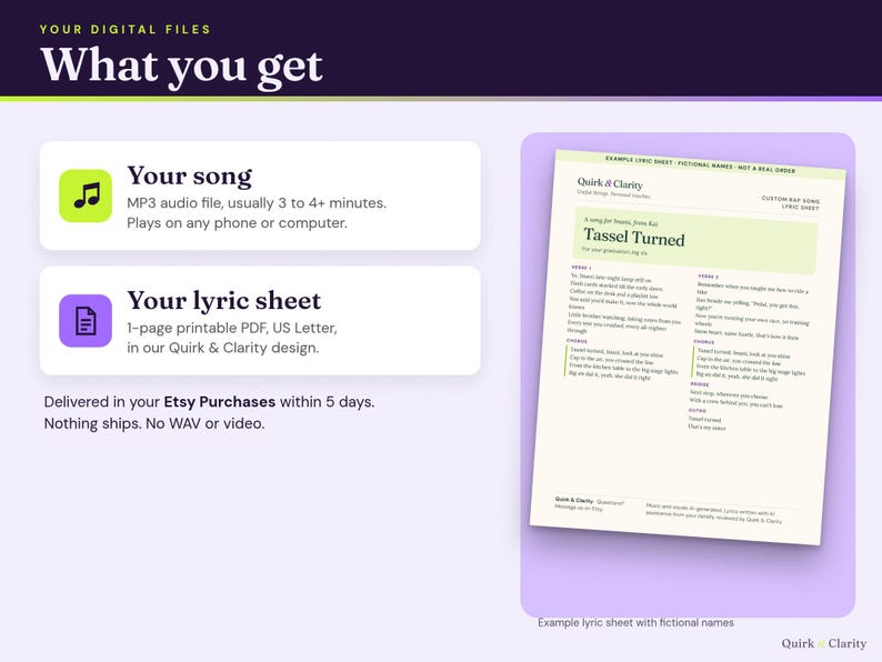 What you get: an MP3 song file, usually 3 to 4+ minutes, and a one-page printable lyric sheet PDF, example with fictional names