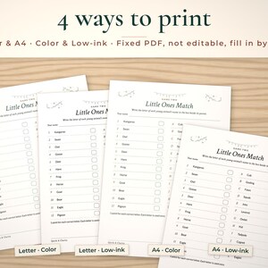 The same game page in Letter color, Letter low-ink, A4 color and A4 low-ink