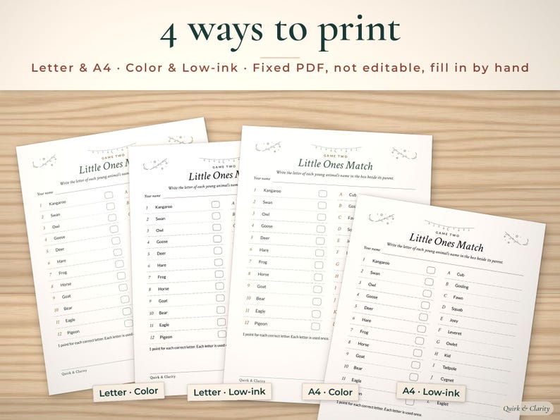 The same game page in Letter color, Letter low-ink, A4 color and A4 low-ink
