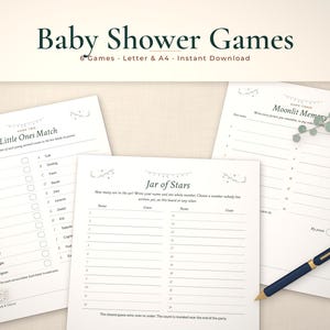 Baby shower games printable mockup: Little Ones Match, Jar of Stars, Moonlit Memory pages fanned on a styled tabletop
