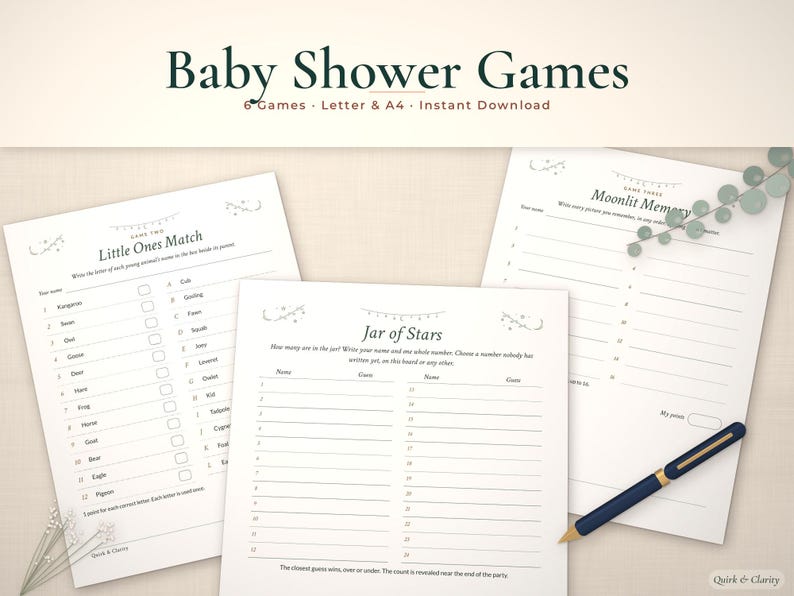 Baby shower games printable mockup: Little Ones Match, Jar of Stars, Moonlit Memory pages fanned on a styled tabletop