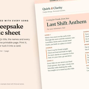 Close-up of an example Quirk & Clarity lyric sheet with fictional names