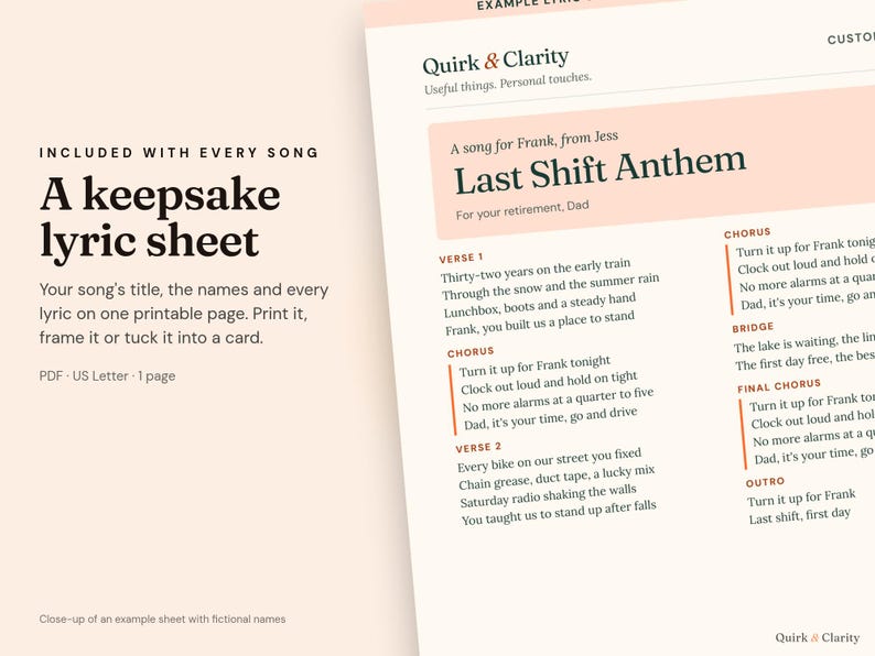Close-up of an example Quirk & Clarity lyric sheet with fictional names
